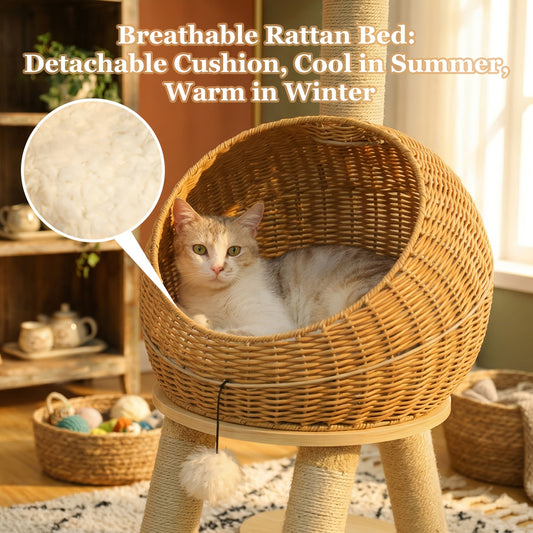 Dinosaur Cat Tree Tower 46 Inch – Large Rattan Cat House with 4 Sisal Scratching Posts, Wicker Bed & Removable Mat
