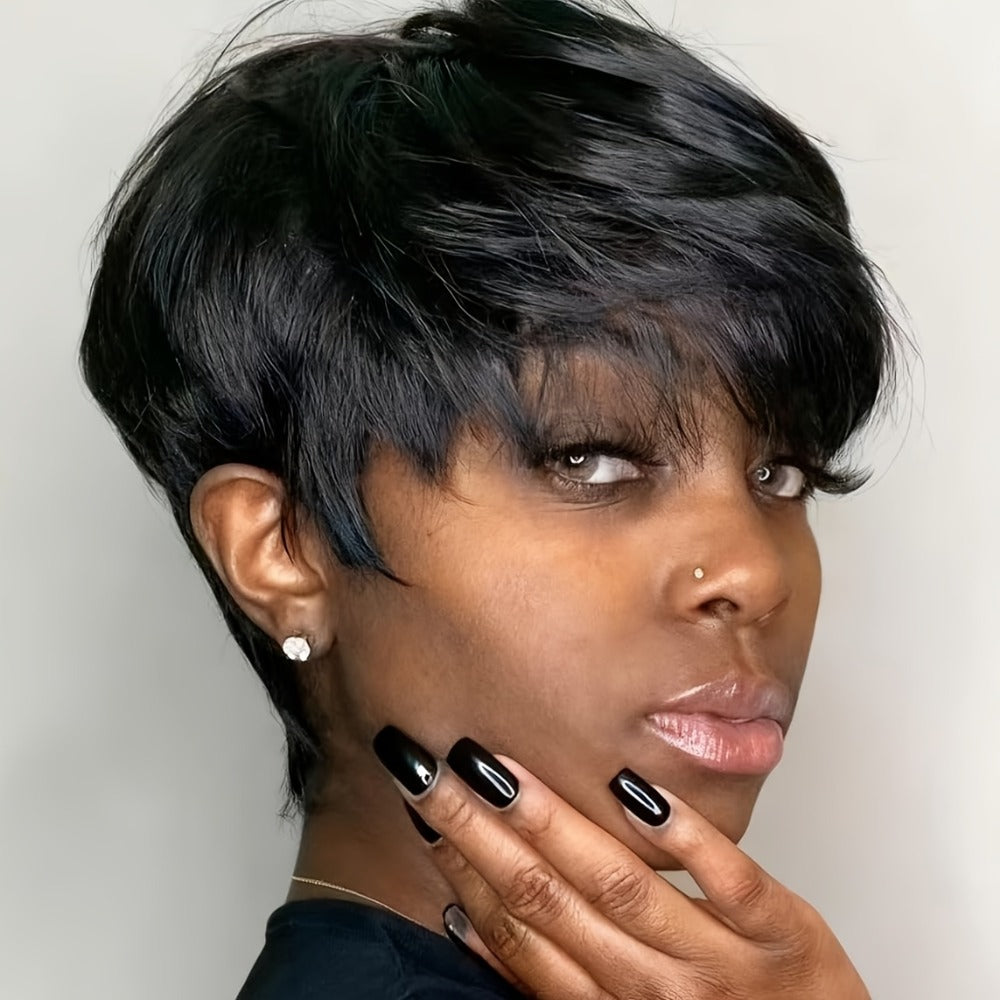 Brazilian Human Hair Pixie Cut Wig 150% Density Short Straight Machine Made Rose Net Cap Glueless Natural Black 4 Inch | Beginner Friendly