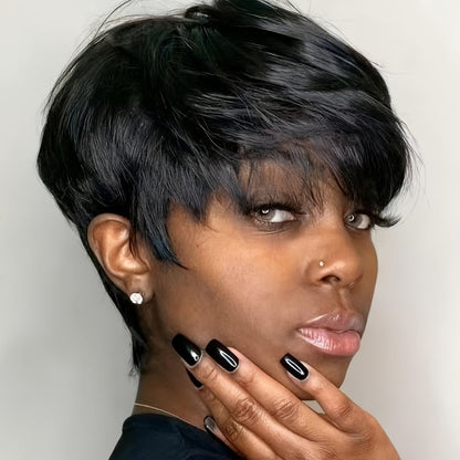 Brazilian Human Hair Pixie Cut Wig 150% Density Short Straight Machine Made Rose Net Cap Glueless Natural Black 4 Inch | Beginner Friendly
