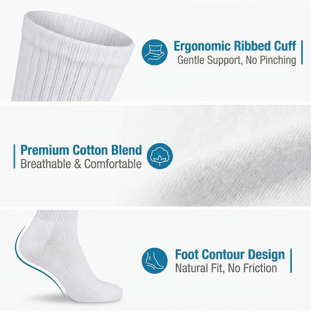 12-Pair Crew-Length Diabetic Sock Set for Adults in White, Black or Grey with 9-11 and 10-13 Sizes