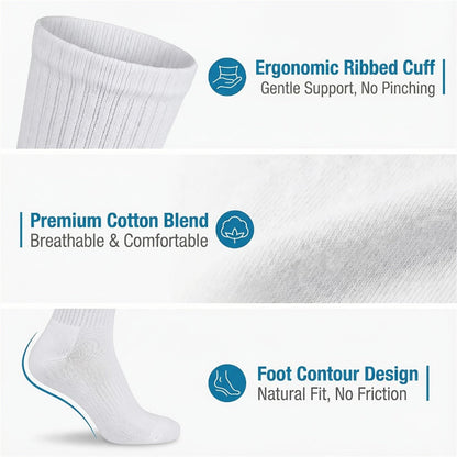 12-Pair Crew-Length Diabetic Sock Set for Adults in White, Black or Grey with 9-11 and 10-13 Sizes