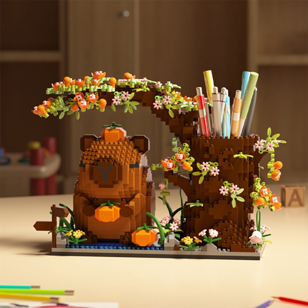 Building Block Set Capybara Pen Holder, 1880 Micro Pieces with Flowering Tree, Pencil Storage and 22cm Base