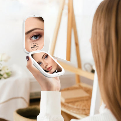 Rechargeable Pink or White LED Compact Mirror with 1X and 10X Views, Three Light Modes and Touch Dimming