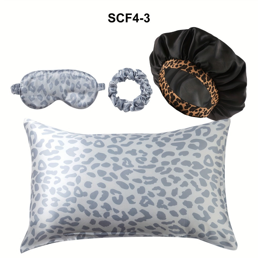 Leopard Print Pillow Covers Set of 4 with Sleep Mask and Headband Machine Washable Polyester Woven Fabric Travel Bedroom Decorative