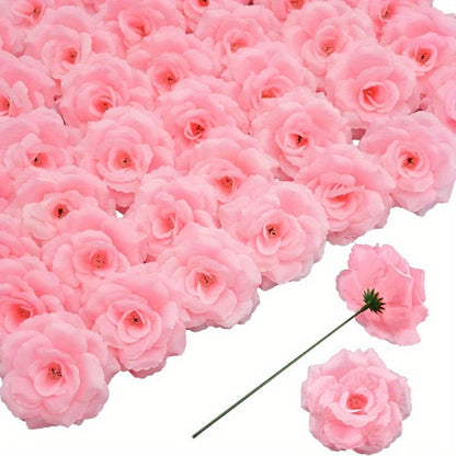 Artificial Rose Heads with Stems, 50-Piece Silk-Labeled Set in Champagne, Silver, Pink, Wine Red, Blue or Orange