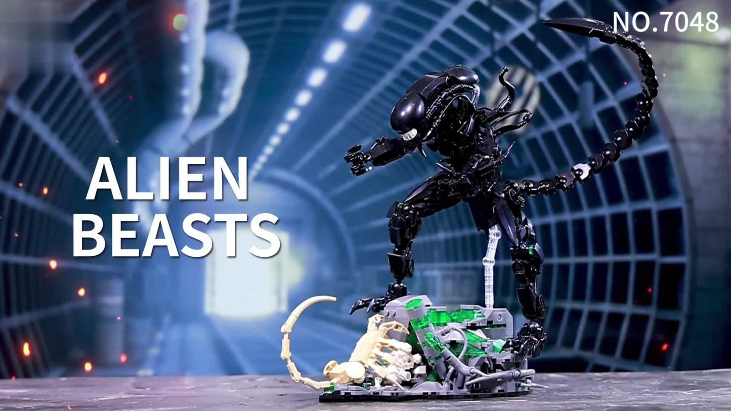 Building Block Set Alien Beast with 958 Pieces, Articulated Black Figure, Scene Base and Long Tail