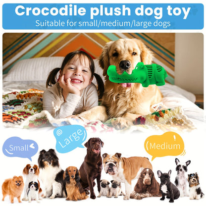 Green Crocodile Plush Dog Chew Toy with Squeaker, Textured Body and Zipper-Style Back Detail
