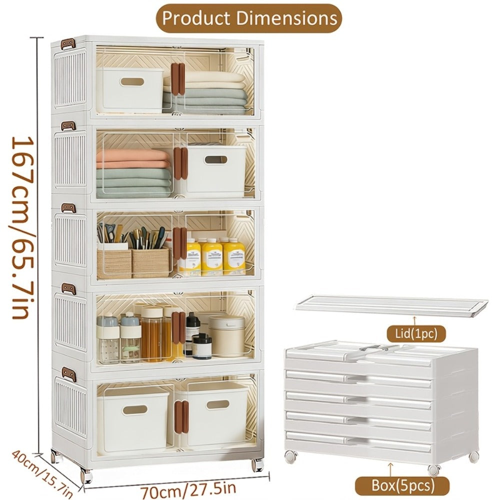 Storage Cabinet Collapsible Modular Locker with Magnetic Doors, Wheels and One to Five Layers