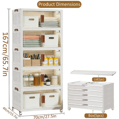 Storage Cabinet Collapsible Modular Locker with Magnetic Doors, Wheels and One to Five Layers