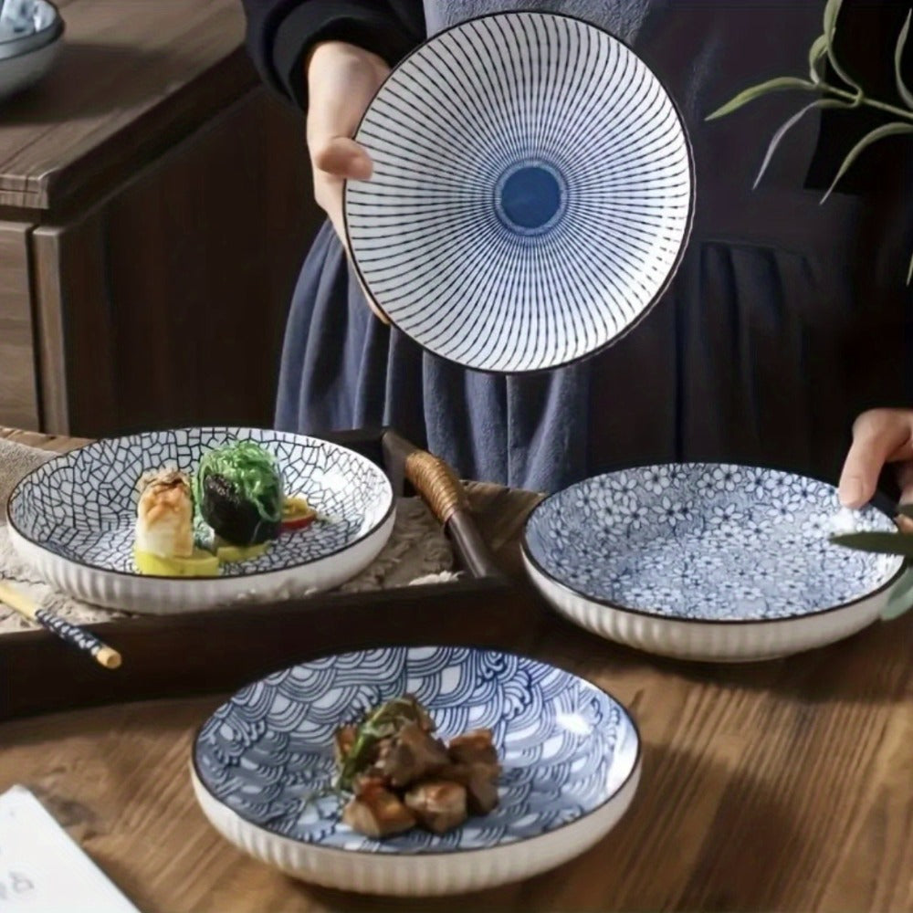 Japanese Ceramic Plates Set of 4, Floral Yamada Pattern Dinnerware, 7-Inch Round Serving Plates with Edge