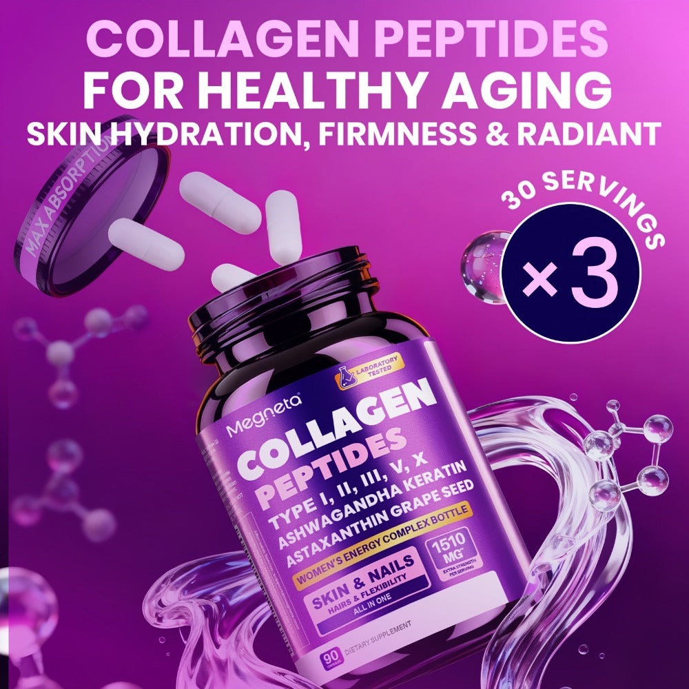 Collagen Capsules Type I II III V X with Vitamin C, Hyaluronic Acid & Biotin, Skin Hydration, Elasticity