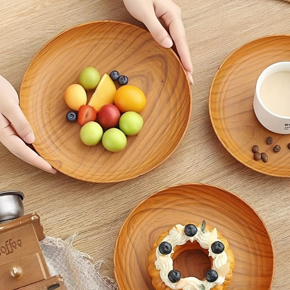 10pcs Wood Grain Dinner Plates Set – Round Striped Plastic Serving Trays for Home Kitchen Dessert Shop Restaurant