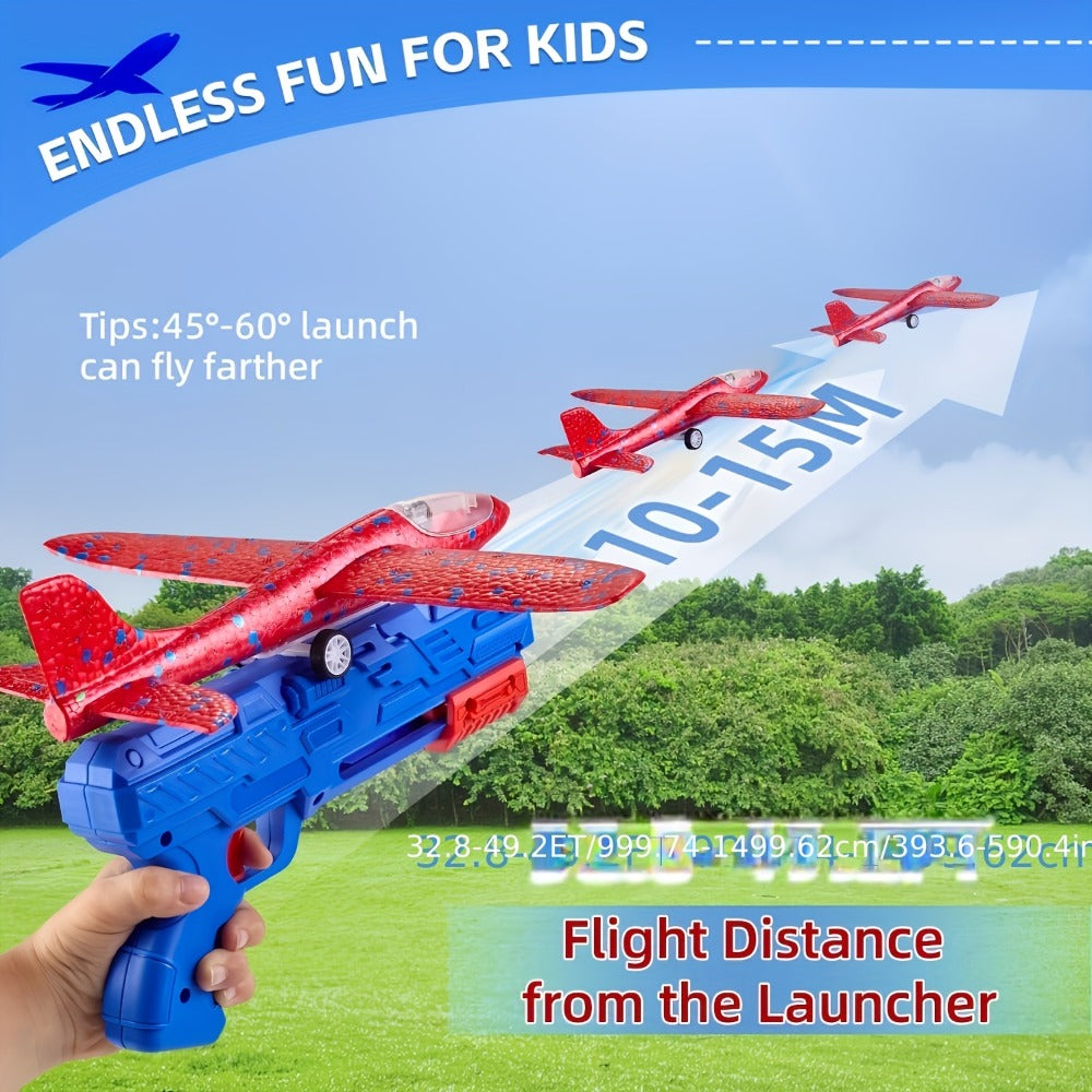 Foam Airplane Launcher Toy Set with 3 Foam Planes & Catapult, 2 Flight Modes Outdoor Flying Glider Toy for Kids Boys Girls Ages 3+