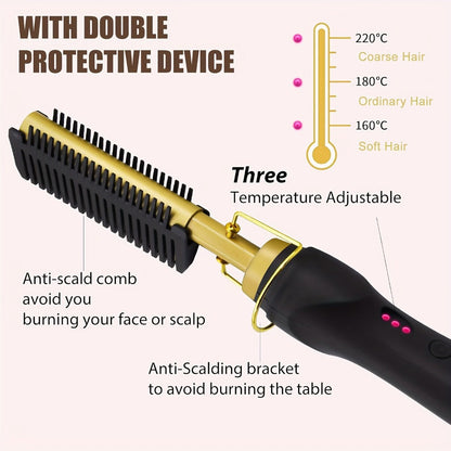 Electric Hot Comb Hair Straightener with Gold Titanium-Alloy Teeth, Detachable Guard and Adjustable Heat Controls