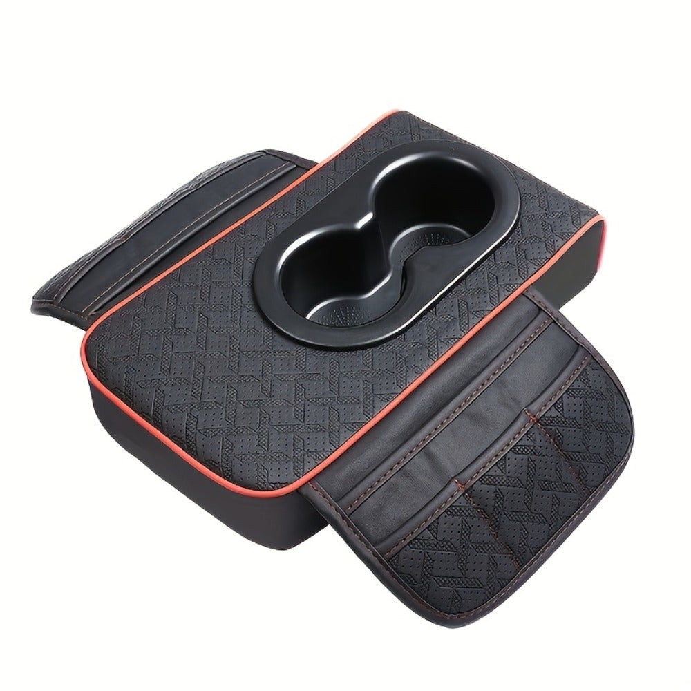 Car Center Console Cover PU Leather – Universal Armrest Box Mat with 2 Cup Holders & 2 Side Pockets, Phone & Card Storage