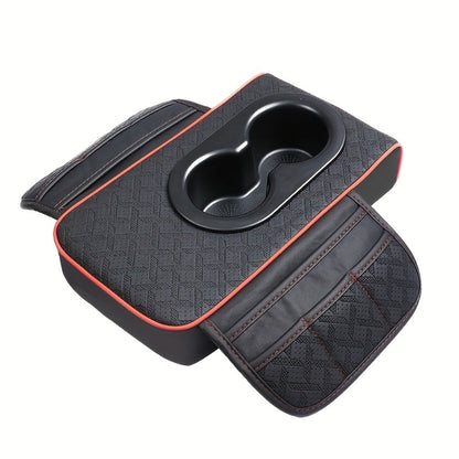 Car Center Console Cover PU Leather – Universal Armrest Box Mat with 2 Cup Holders & 2 Side Pockets, Phone & Card Storage