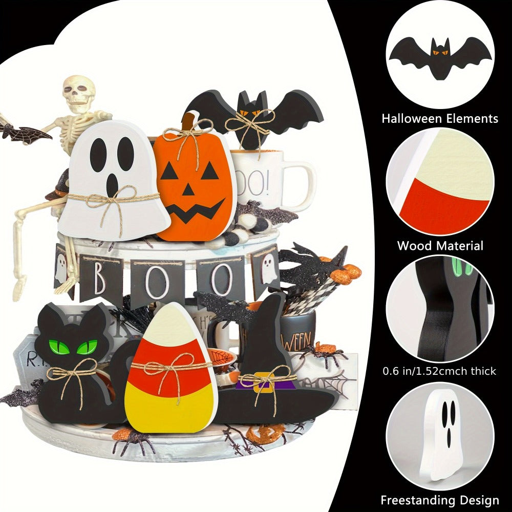 Six-Piece Halloween Freestanding Table Sign Set with Pumpkin, Ghost, Bat, Black Cat, Witch Hat and Candy Corn
