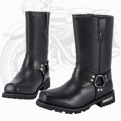 Men's Motorcycle Boots 11" Harness – PU Leather Non-Slip Square Toe Mid-Calf Biker Boots, Abrasion Resistant All-Season Riding Boots