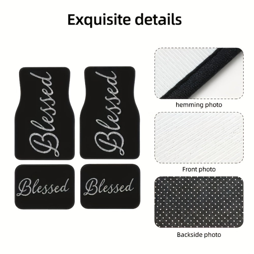 Blessed Script Car Floor Mats with Black Printed Surfaces in Two- or Four-Piece Set Options