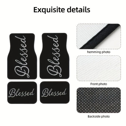 Blessed Script Car Floor Mats with Black Printed Surfaces in Two- or Four-Piece Set Options