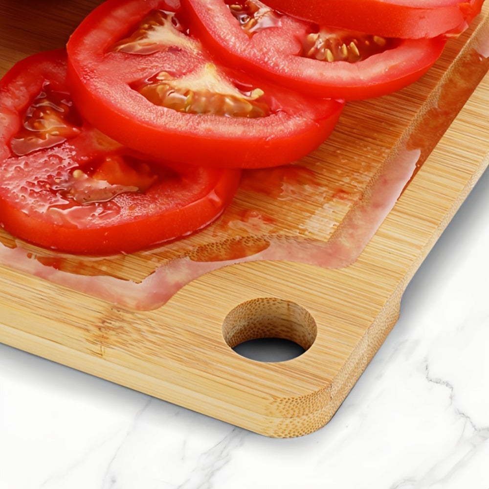 Cutting Board Three-Piece Bamboo Set with Juice Grooves, Carry Handles and Three Nested Sizes