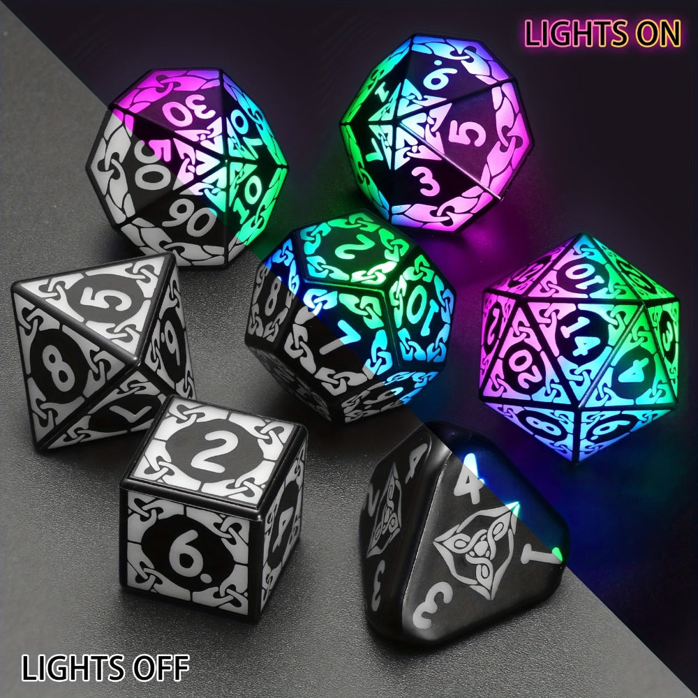 LED Dice Set 7pcs Wireless Rechargeable Light Up, Colorful Glowing Polyhedral Dice with Charging Box