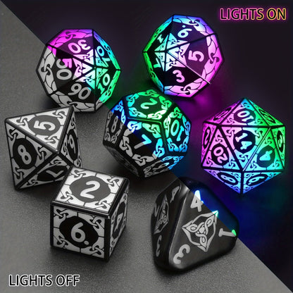 LED Dice Set 7pcs Wireless Rechargeable Light Up, Colorful Glowing Polyhedral Dice with Charging Box