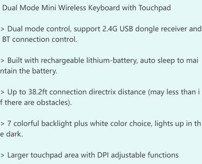 Wireless Mini Keyboard with Large Touchpad & 7-Color Backlight, Bluetooth & 2.4G Dual Mode Handheld Keyboard Remote Control