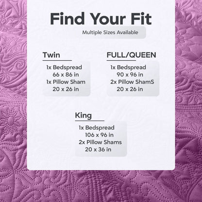Floral-Pattern Three-Piece Bedspread Set in 16 Colors with Twin, Queen, King and California King Sizes