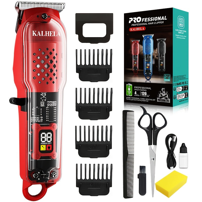 Transparent Electric Hair Clipper with Digital Display, Four Guide Combs, Grooming Tools and Red, Black or Blue Finish