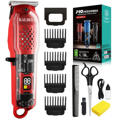 Transparent Electric Hair Clipper with Digital Display, Four Guide Combs, Grooming Tools and Red, Black or Blue Finish