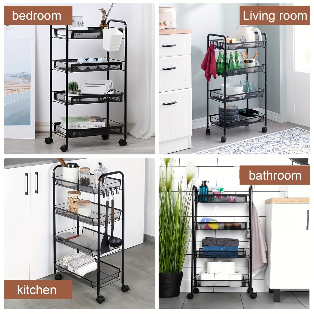 Rolling Storage Cart on Wheels – 3/4/5 Tier Carbon Steel Wire Basket Trolley, Black Metal Utility Cart for Kitchen, Bathroom, Bedroom