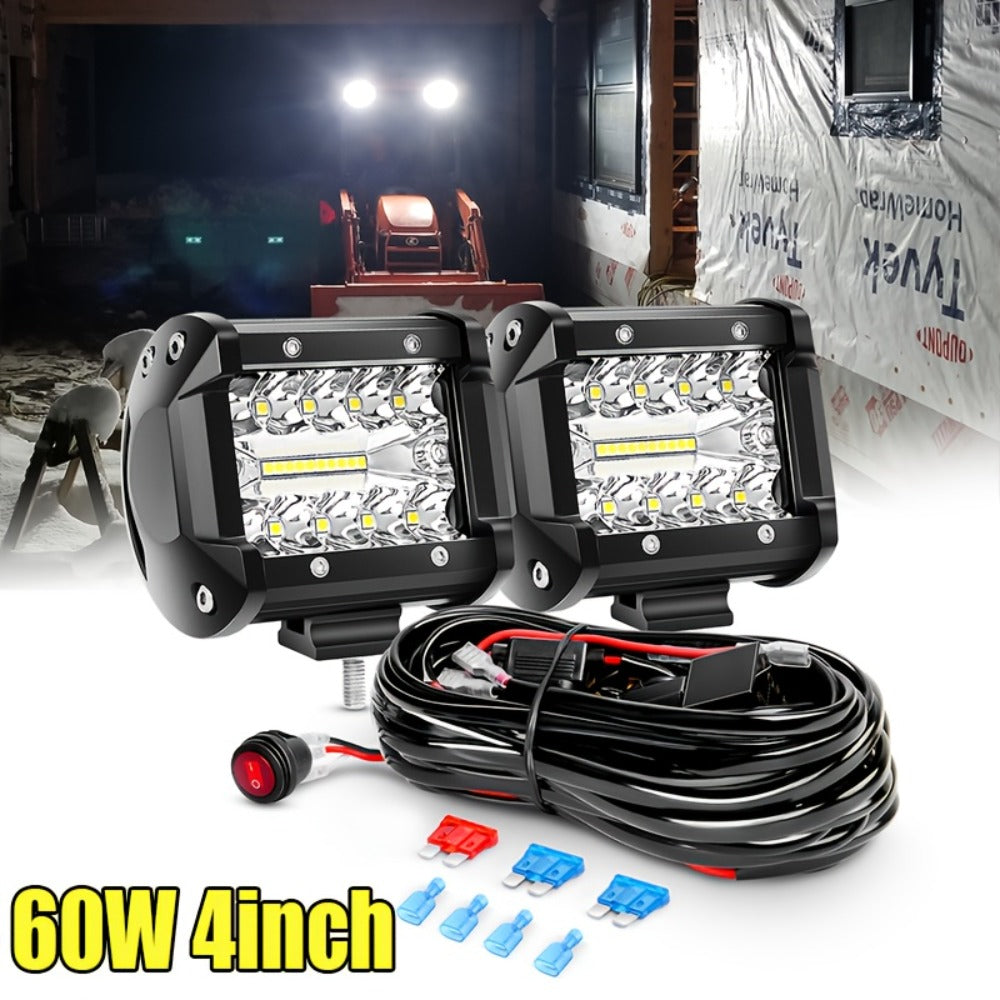 4-Inch LED Off-Road Spot Driving Lights 60W 1260LM Die-Cast Aluminum with Tow Hitch Bracket & 12ft Wiring Harness Kit for Trucks SUVs ATVs