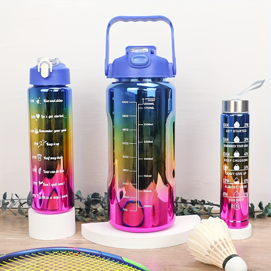 Electroplated Sports Water Bottle Set 3-Pack 64oz 27oz 15oz | Leak-Proof Gradient Bottles with Straw & Time Marker for Gym Office School