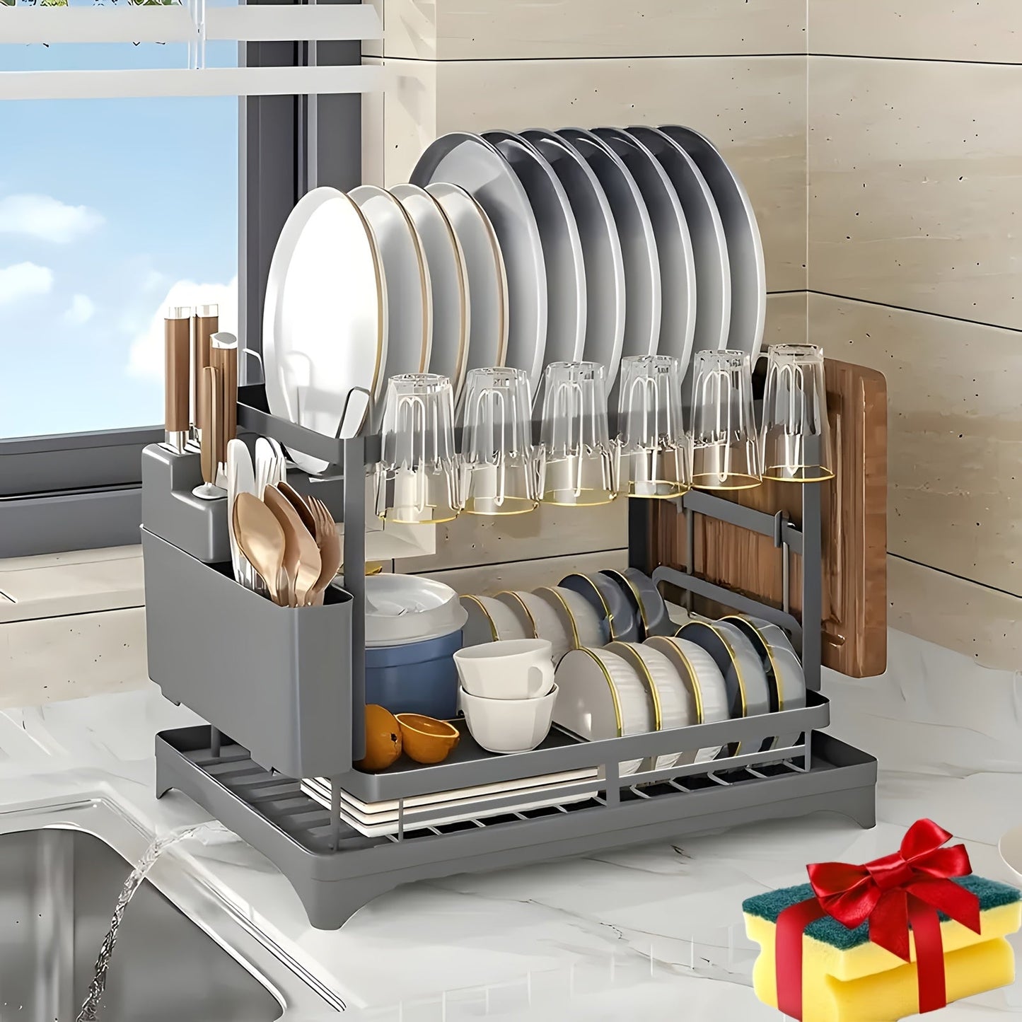 Dish Drying Rack with Drainboard in Gray, White, Black, Single-Layer and Seven-Cup Configurations
