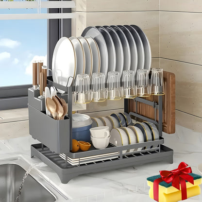 Dish Drying Rack with Drainboard in Gray, White, Black, Single-Layer and Seven-Cup Configurations