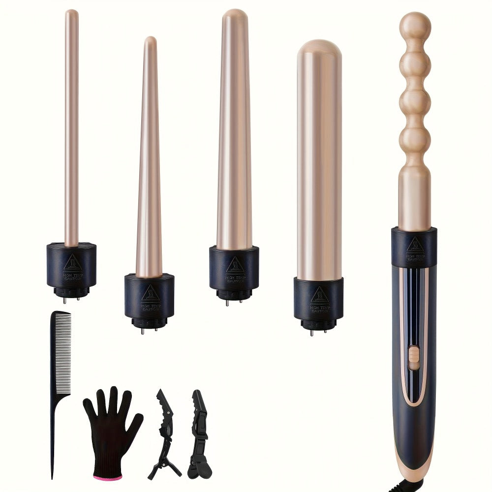 5-in-1 Curling Wand Set Ceramic Interchangeable Barrels 0.4-1.25 Inch – 30s Fast Heat, for Home, Travel and Salon Hair Styling