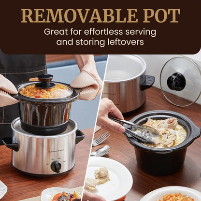 Mini Slow Cooker 1.5QT & 2.0QT with Adjustable Temperature Ceramic Crock & Glass Lid, Small Slow Cooker for Sauces Dips Soups Stews