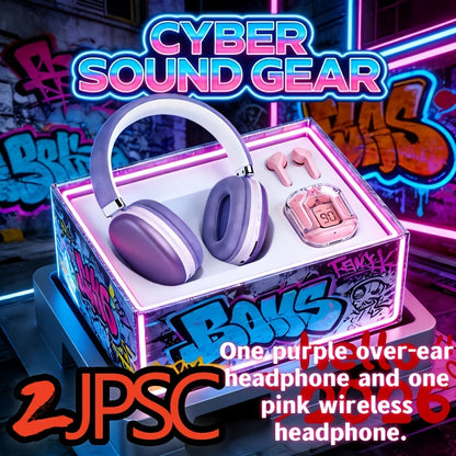Cute Pink Cat Ear Headphones & Wireless Earbuds Gift Set Bundle LED Glowing Over-Ear for Bedside Audio, Alarms and Room Entertainment