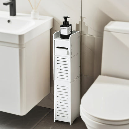Slim Bathroom Storage Cabinet, PVC Toilet Paper Holder & Organizer for Small Spaces, Easy Assembly