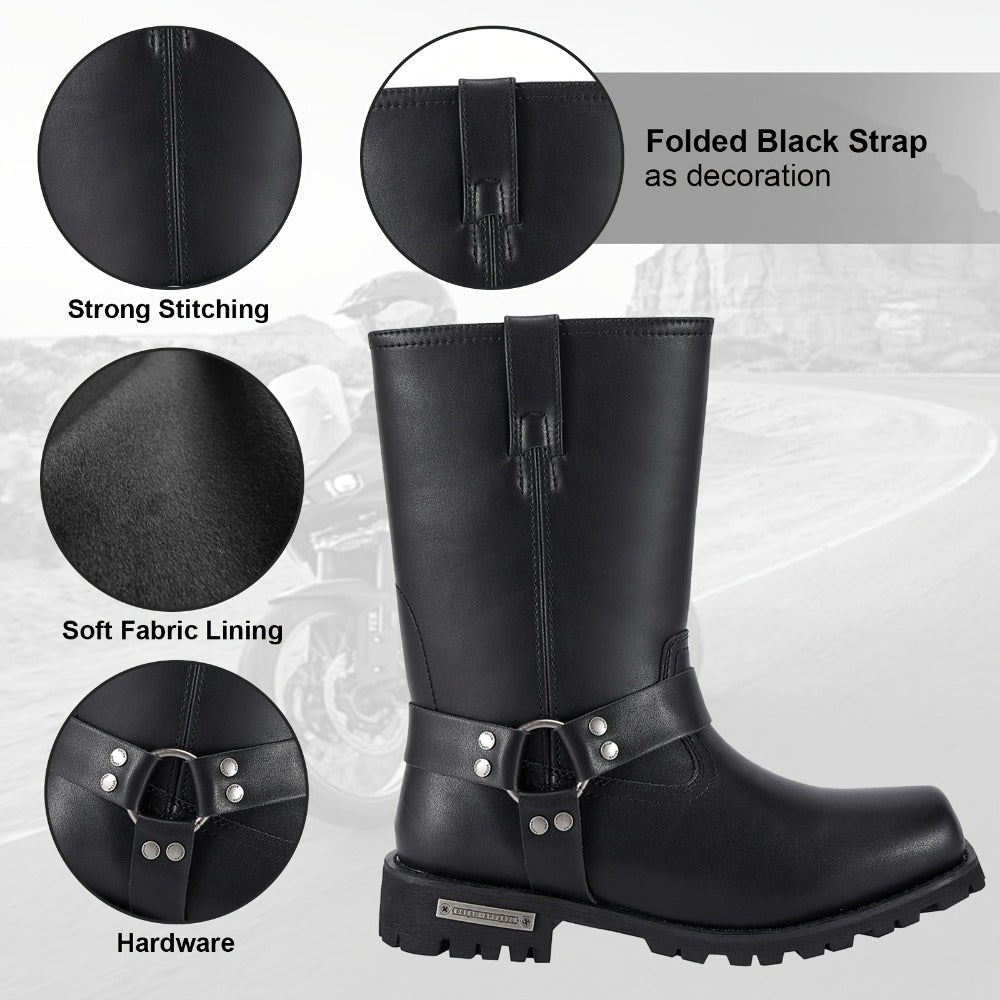 Men's Motorcycle Boots 11" Harness – PU Leather Non-Slip Square Toe Mid-Calf Biker Boots, Abrasion Resistant All-Season Riding Boots