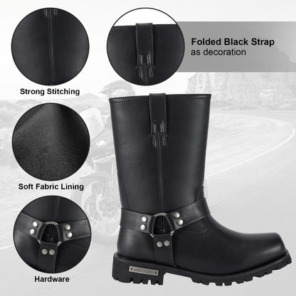 Men's Motorcycle Boots 11" Harness – PU Leather Non-Slip Square Toe Mid-Calf Biker Boots, Abrasion Resistant All-Season Riding Boots