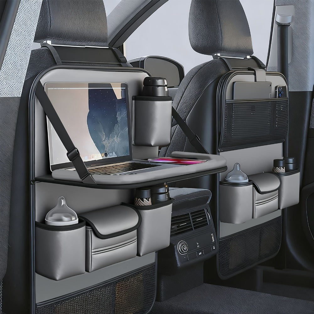 Seatback Car Organizer with Fold-Down Tray, Cup Recesses, Tissue Opening and One- or Two-Piece Packs