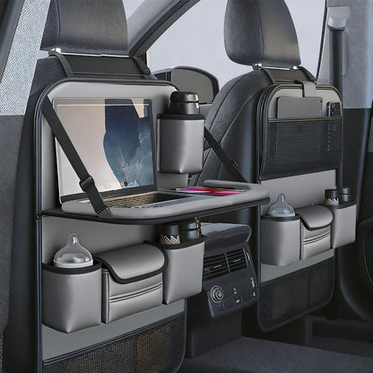 Seatback Car Organizer with Fold-Down Tray, Cup Recesses, Tissue Opening and One- or Two-Piece Packs