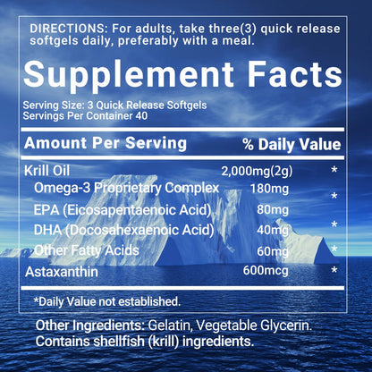 Antarctic Krill Oil 2000mg Softgels 120 Count with Astaxanthin EPA & DHA for Bath Time, Home Spa and Personal Care