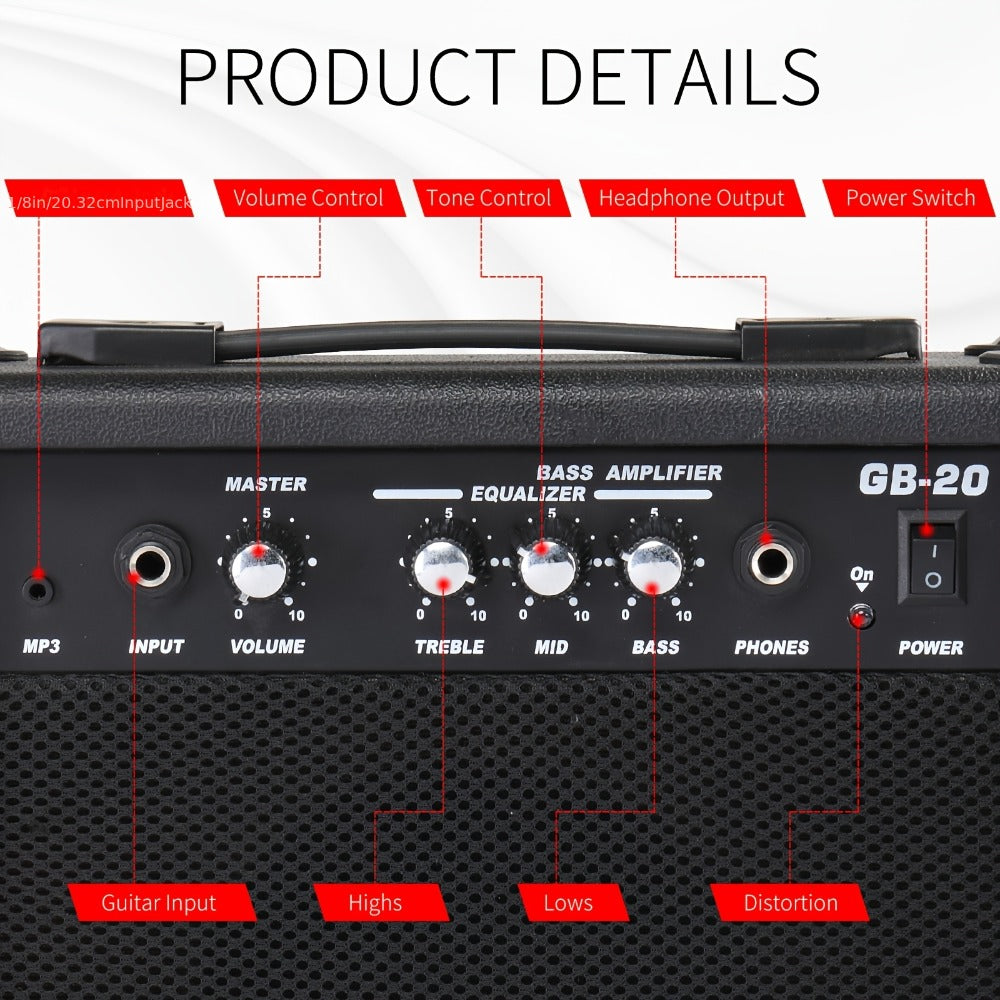 20W Electric Bass Guitar Amplifier with 6.5-Inch Speaker, Volume Treble Bass Middle Controls, Headphone Output Jack