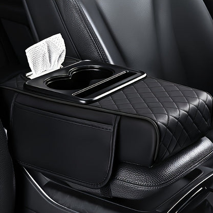 Car Center Console Cover PU Leather – Universal Armrest Box Mat with 2 Cup Holders & 2 Side Pockets, Phone & Card Storage