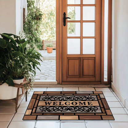 Welcome Doormat Wood Pattern – Entrance Mat with Polypropylene Backing, Indoor Outdoor Floor Mat for Front Door