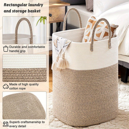 Woven Cotton Rope Laundry Basket with Twin Handles, 40L to 100L Sizes and Five Two-Tone Color Options