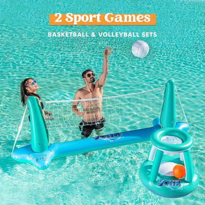 Inflatable Pool Volleyball Set with Basketball Hoop, 2-in-1 Floating Net Court Game for Kids & Adults